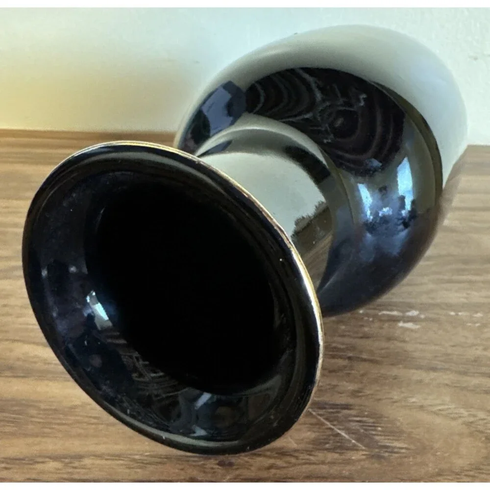 Vintage Black Hand Painted Art Black Pottery Vase 11” Japanese Tulips